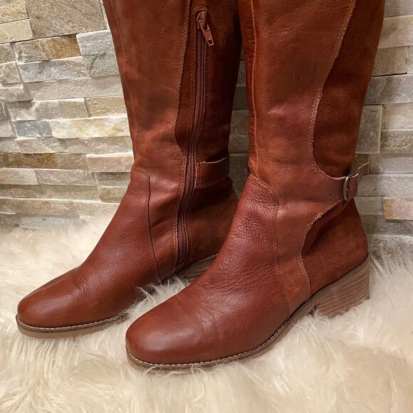 Lucky Brand LK-Timinii Tall Leather Boots 7 | Suede Panel, Equestrian-Inspired - Picture 7 of 8